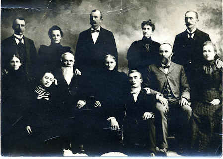 <B>Utah Branch</B><BR>John Edmund Pincock (white beard and wife (Isabella Douglas) and children<BR>Back row;
George Albert Pincock, Violate Pincock, James Henry Pincock, Isabella Pincock, Charles
Pincock. Front row; Mary Ellen Pincock, Wealthy Pincock, Richard Douglas Pincock, John
Edmund Pincock, Charlotte Pincock.