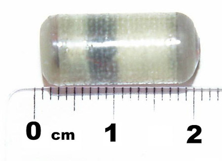 <B>Vemco V8SC Miniature Tag</B><BR>This transmitter introduced in 2000. It is a 9 mm diameter transmitter uses a custom chip and allows large-scale studies of small species like salmon smolt for the first time. This product, along with the VR2, has been largely responsibly for Vemco’s high growth over the last few years. The proof-of-concept prototype, which preceded the introduction of this product, was carried out by Amirix.