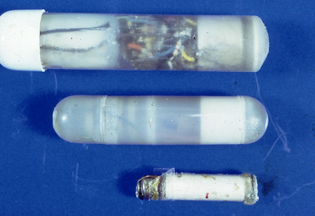 <B>Various Tags (Circa 1973)</B><BR>From top to bottom: First UNB Pressure Tag, Smith Root Tag, Chipman 50 kHz Tag (The tube is actually the transducer!)